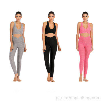 Moda Hips Jacquard Yoga Legging Calças e sutiã